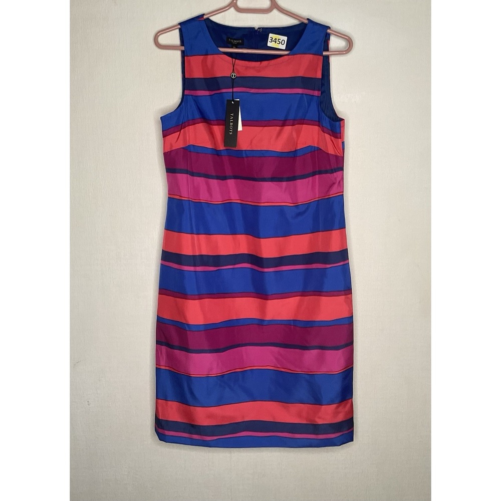 Talbots Women's Sleeveless Striped Career Sheath Dress Size‎ 10 P Pink Blue NWT
